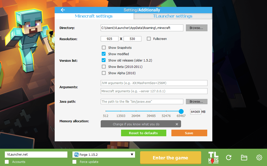 Settings in TLauncher